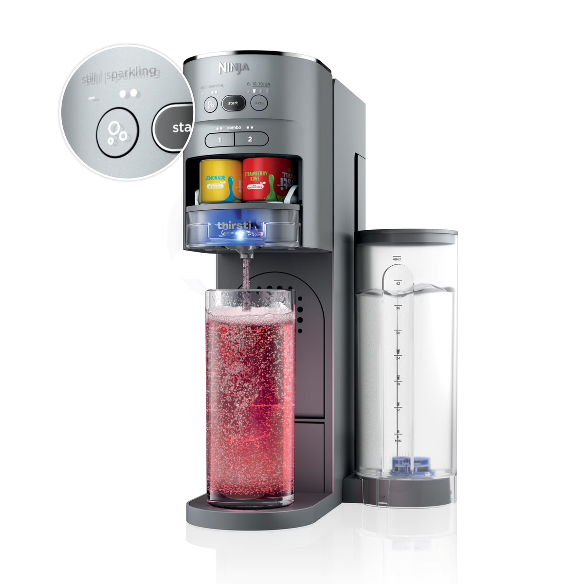 Thirsti Drink Maker, Still, Sparkling Custom Drink Kit, with CO2 Canister, Flavors, and 48 oz Reservoir