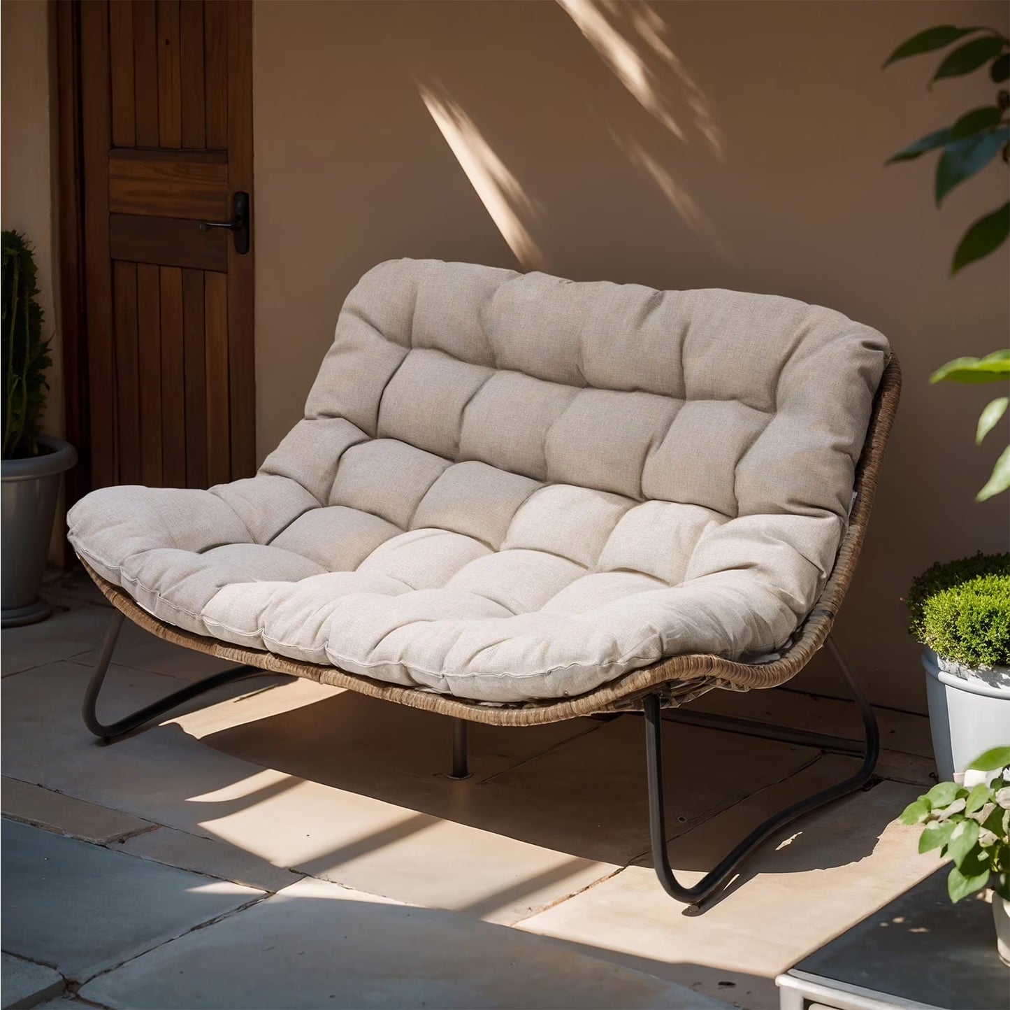Patio Loveseat, All-Weather Rattan Large Furniture with Soft Cushions, Outdoor Loveseat for Balcony, Poolside, Backyard (Beige)(Beige)