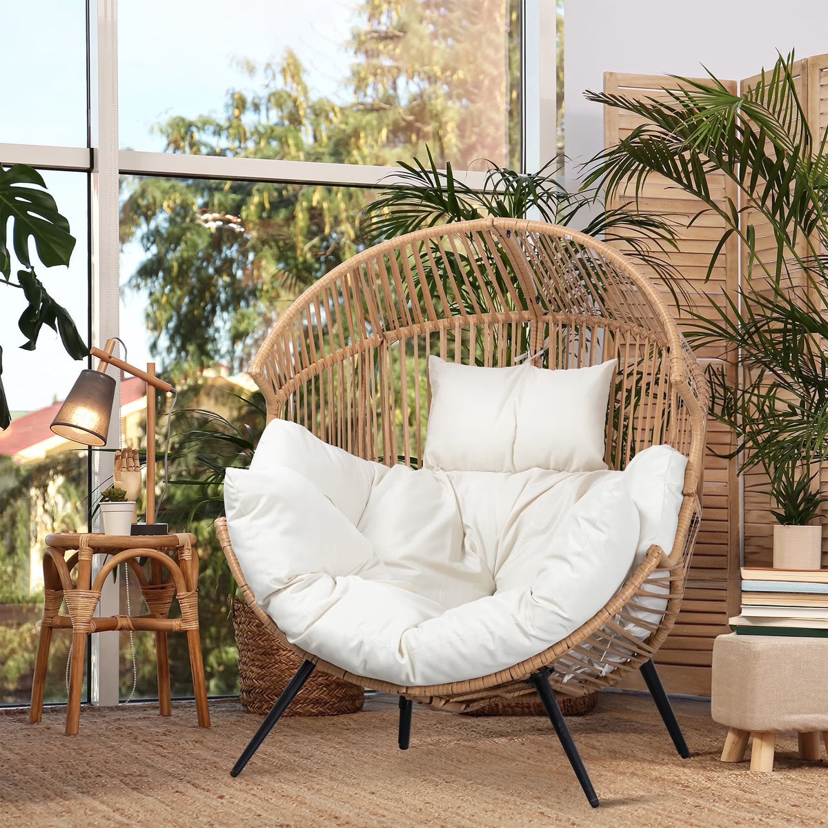 Egg Chairs Outdoor Patio Wicker Oversized Egg Shell Lounger Lawn Chair with Cushion for Indoor Outside Porch Balcony Backyard, Original Wood Color Rattan Beige Cushion(Wooden Color Rattan Beige Cushion/No-Rocking)