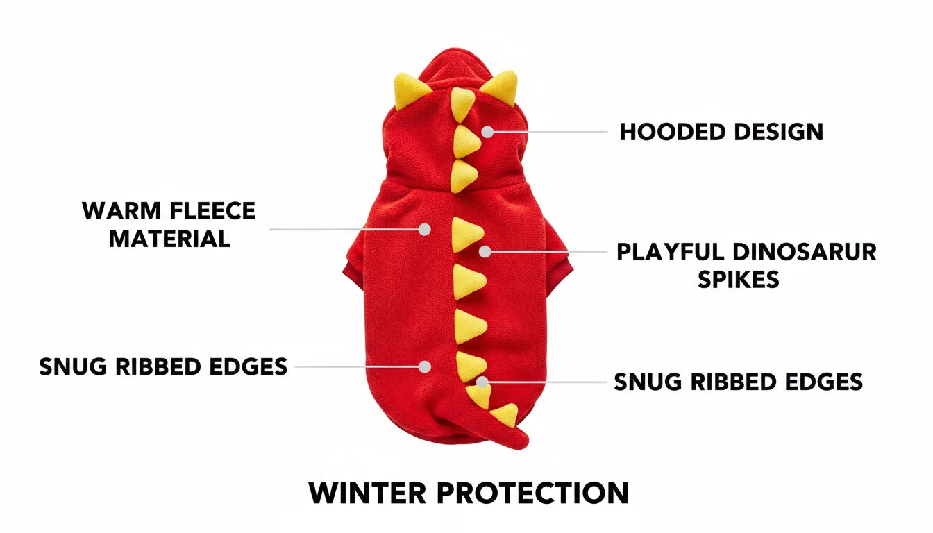Red hooded dinosaur fleece jacket with yellow spikes and snug ribbed edges for winter protection