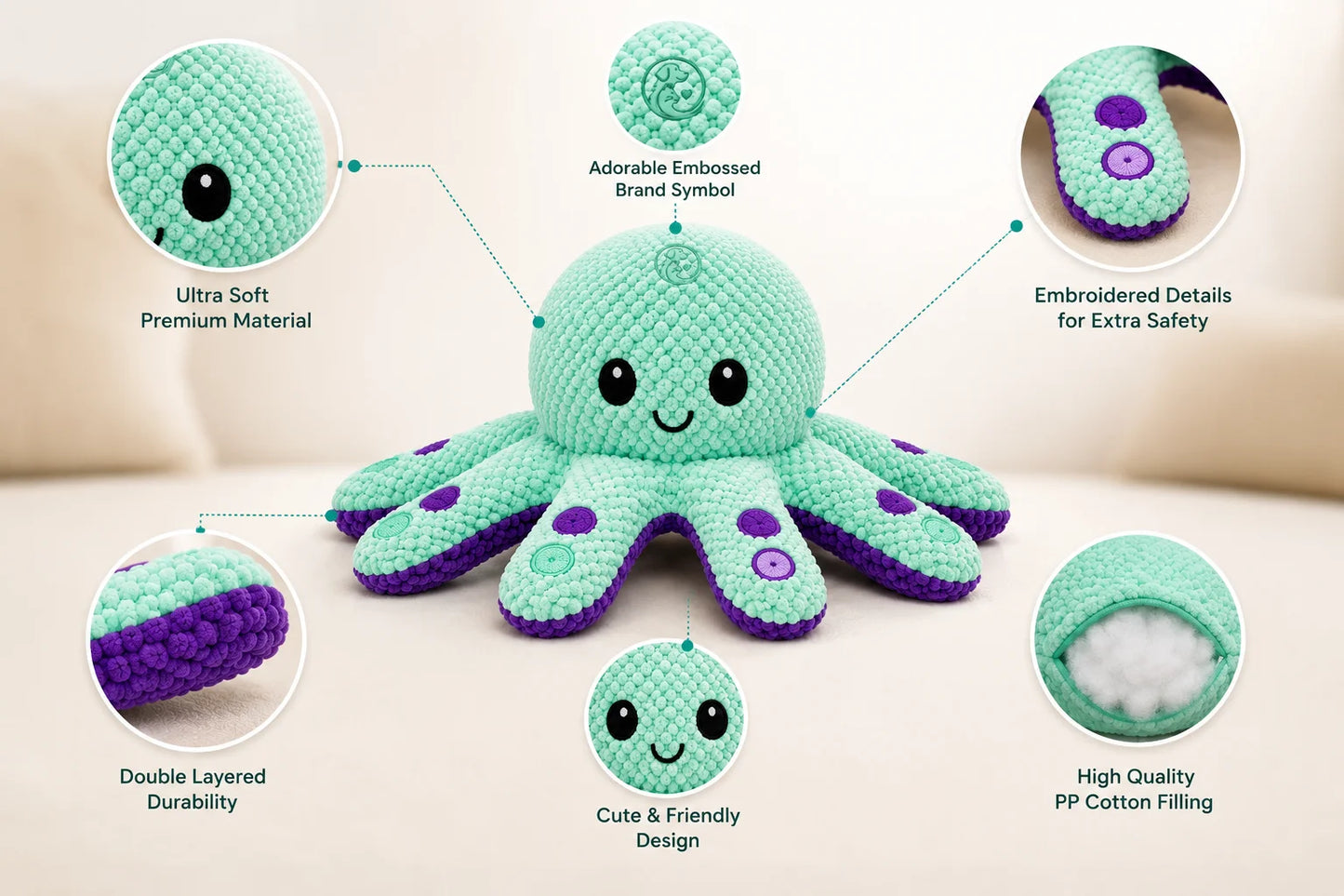 A plush mint green and purple octopus toy with embroidered details and soft material