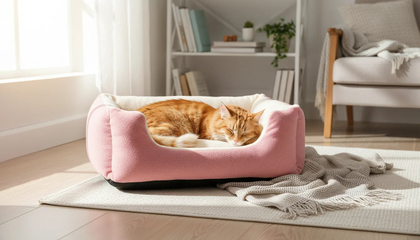 An orange tabby cat sleeps peacefully in a pink pet bed on a beige rug in a bright room