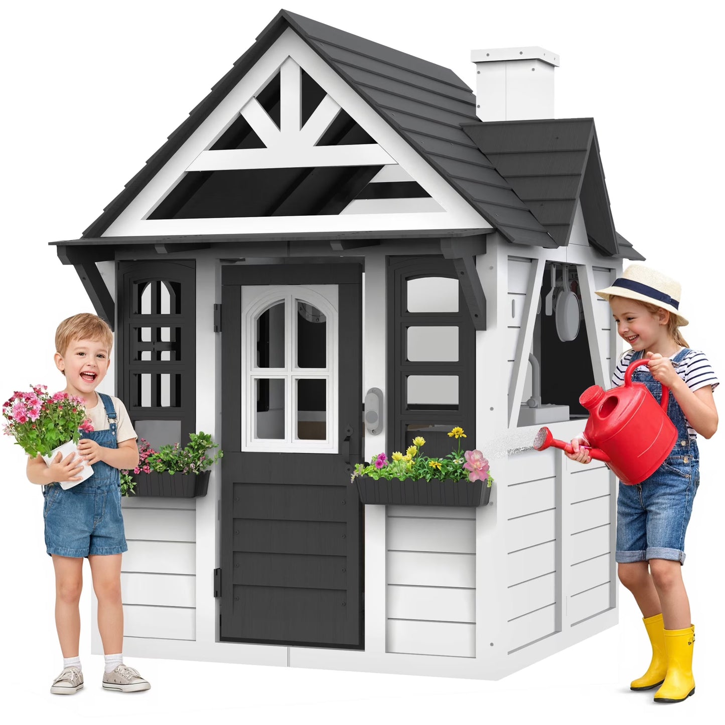 Outdoor Playhouse for Kids Ages 4-8, Wooden Play House with Doorbell, Phone, Kitchen Toys, Outdoor Kids Play Equipment, Casa Para Ni?as (45��L x 65��H), White Black(Black+White)