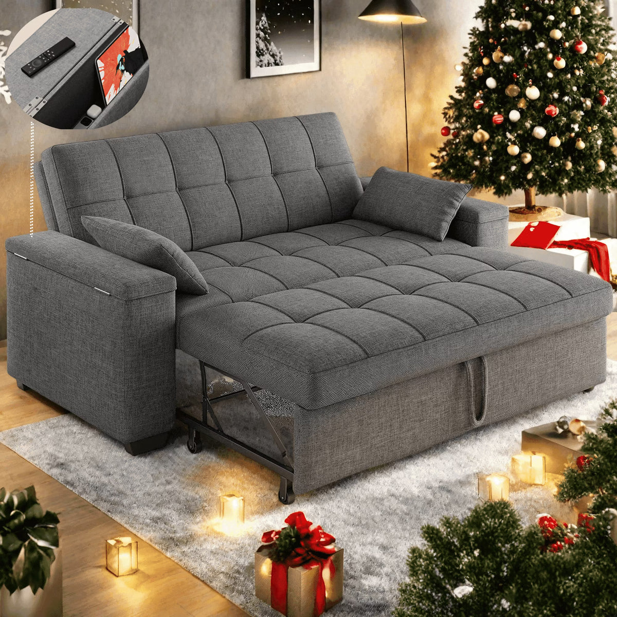 Sofa Bed, 3 in 1 Convertible Couch Bed with Storage Armrest and Adjustable Backrest for Living Room, Dark Gray