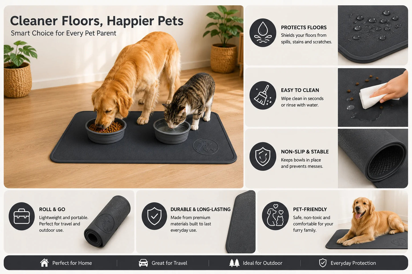 Golden dog and tabby cat eating from bowls on black pet mat on wooden floor