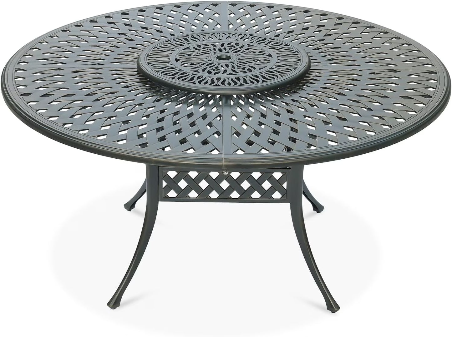 Outdoor 61" Patio Dining Table for 6-8 Person, Large Patio Round Dining Table with 24" Lazy Susan, Dark Bronze Cast Aluminum Rustic Patio Table W/Umbrella Hole for Balcony, Porch and Deck(24" Lazy Susan (Elizabeth Style))