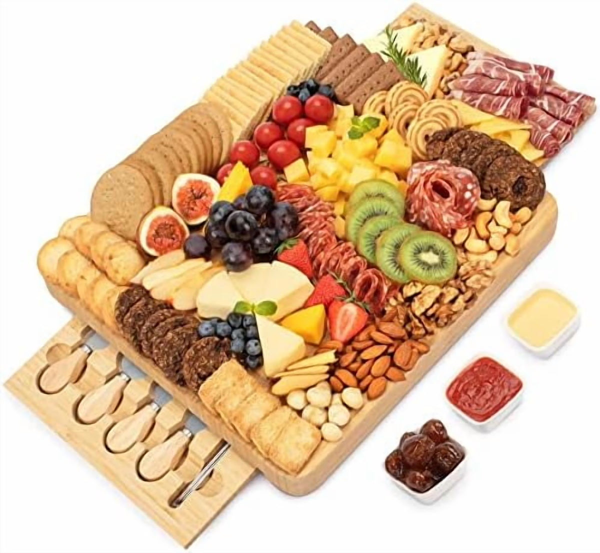 Charcuterie Board Set Cheese Board with 2 Drawers, Bamboo Cheese Tray Serving Board Unique Mothers Day Gifts, Wedding, Housewarming, Birthday Gifts