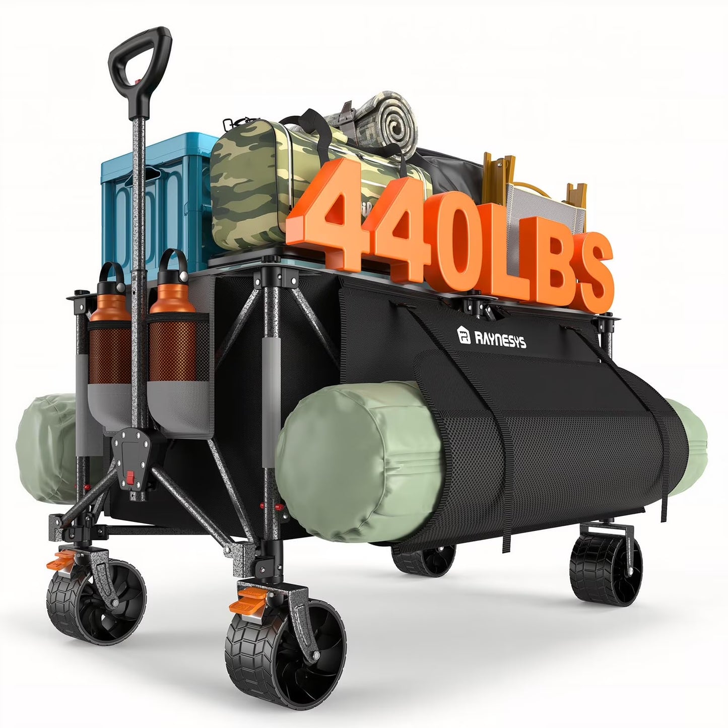 300L Foldable Wagon Cart with Wheels, 440lbs Heavy Duty Beach Wagon for Sand Sports Camping Grocery, Black Gray