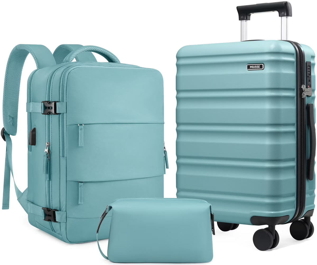 Luggage Sets 3 Piece, 20 Inch Carry On Luggage with Wheels, 100% PC Hardshell Suitcase with TSA Lock, Carry On Suitcases Airline Approved With Travel Backpack for Men Women(3 Piece Set-Light Blue)