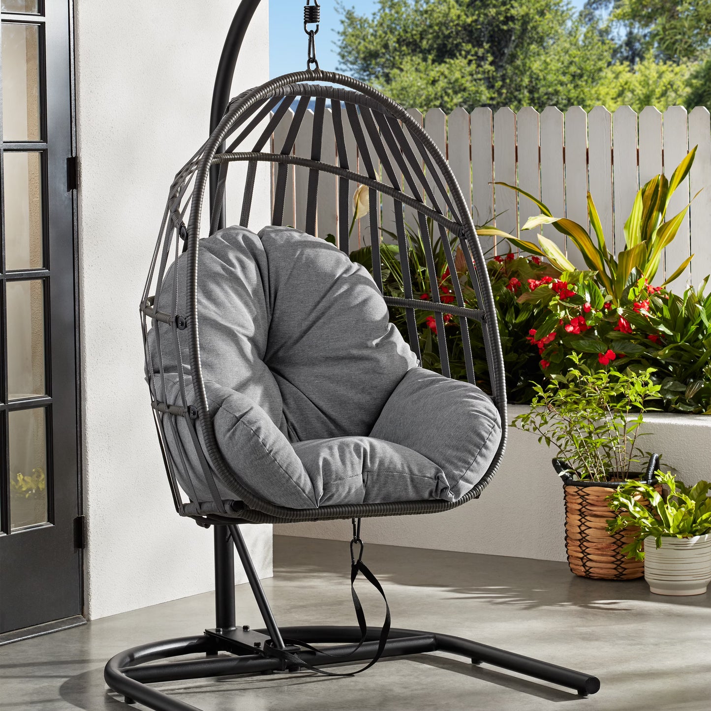 Outdoor Wicker Patio Hanging Egg Chair, Gray(Gray)