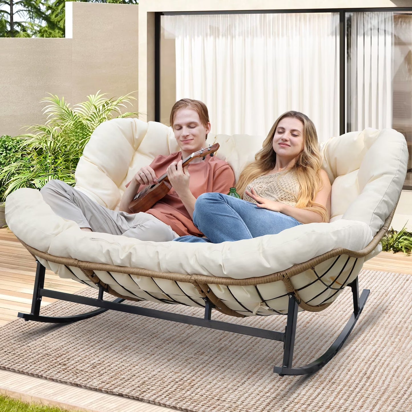 Beige Double Outdoor Rocking Chair, 2 Person Patio Rocking Egg Chair with Thick Cushion(Beige/Single)