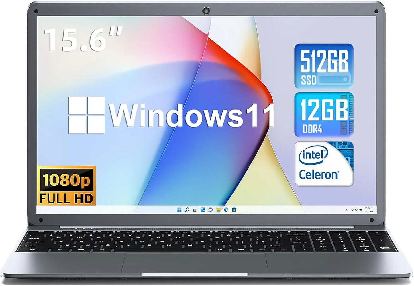 15.6inch Laptop 12GB DDR4 512GB SSD Windows 11 with Intel Celeron N5095A Full HD 1920x1080