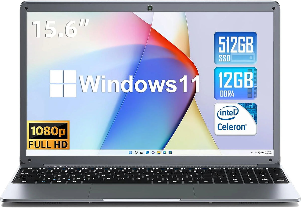 15.6inch Laptop 12GB DDR4 512GB SSD Windows 11 with Intel Celeron N5095A Full HD 1920x1080