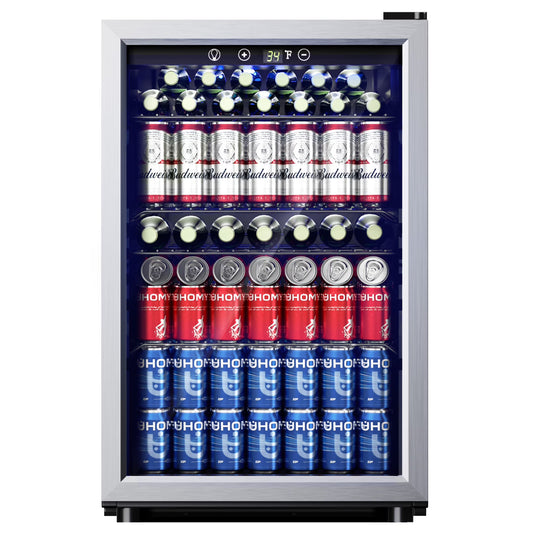 145 Can Beverage Refrigerator and Mine Cooler with Glass Door with Adjustable Shelves(Silver)