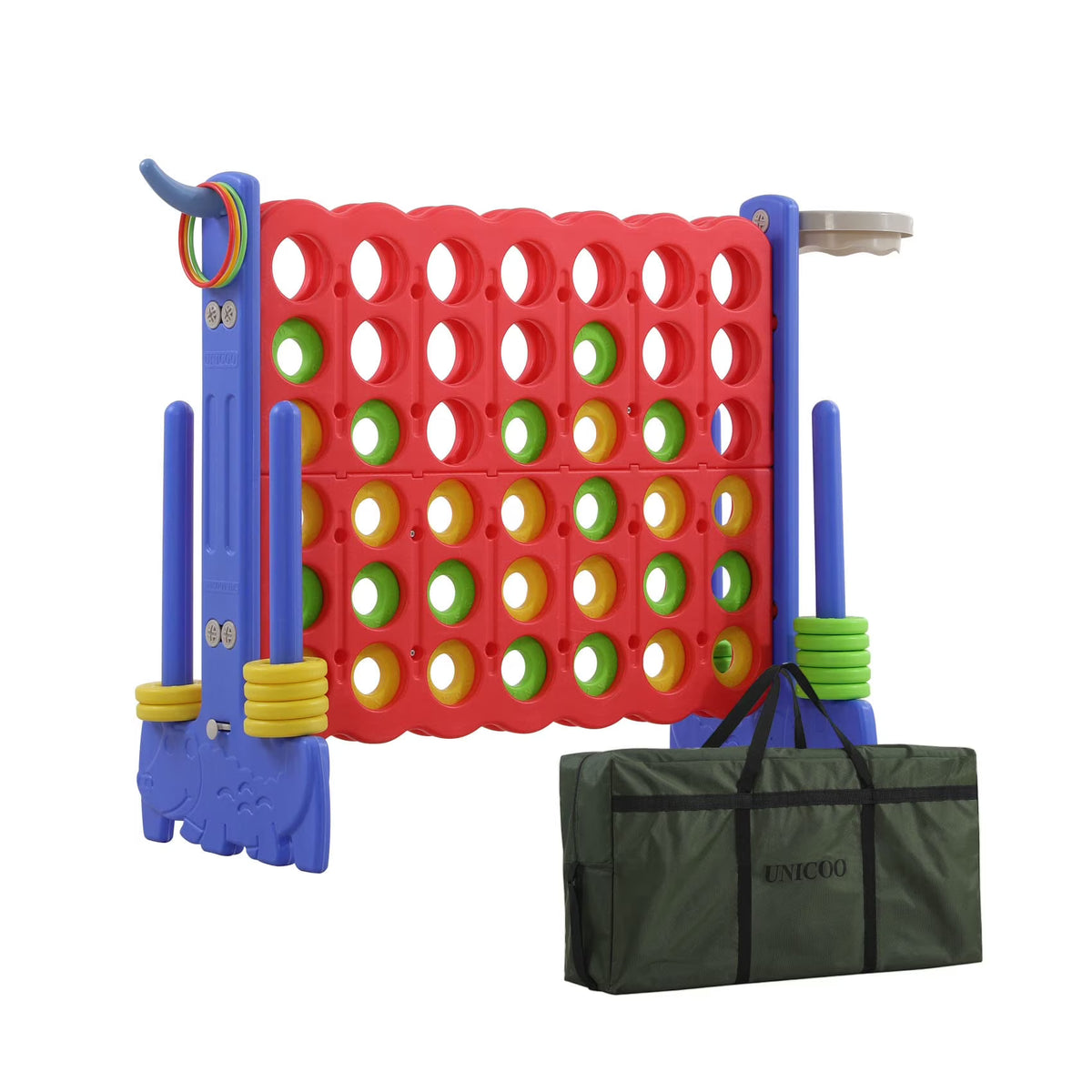 3-in-1 Giant 4 in A Row Game, Featuring Basketball Hoop, Ring Toss Game 4-to-Score Game. Perfect for Kids Adults, Parties Gatherings with Carrying Bag (Red + Blue)