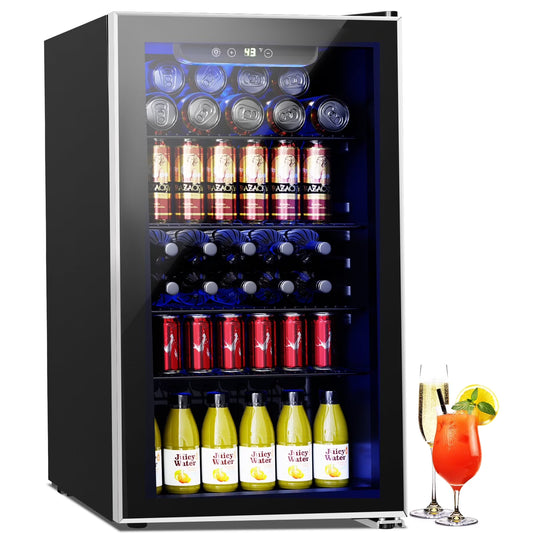 126 Can Beverage Refrigerator and Cooler with Glass Door for Home/Office/Bar-Black(3.2 cu ft)