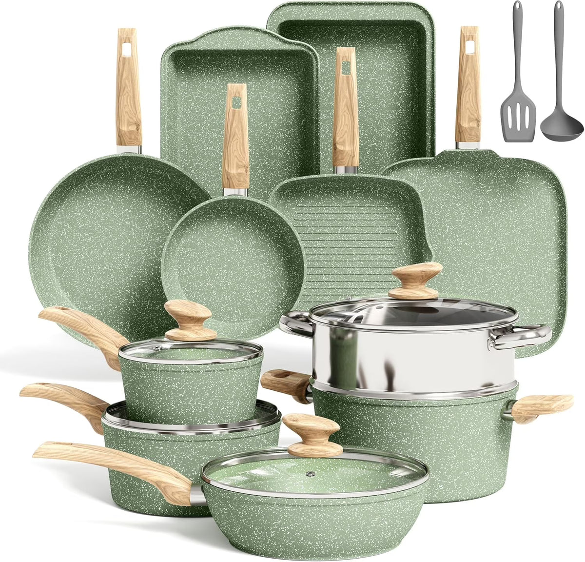 17 Pieces Induction Cookware Set with Griddle, Green Granite Pots and Pans Set Non Stick, Healthy Nonstick Cooking Pans Set(17 PCS Cookware Set/Green)