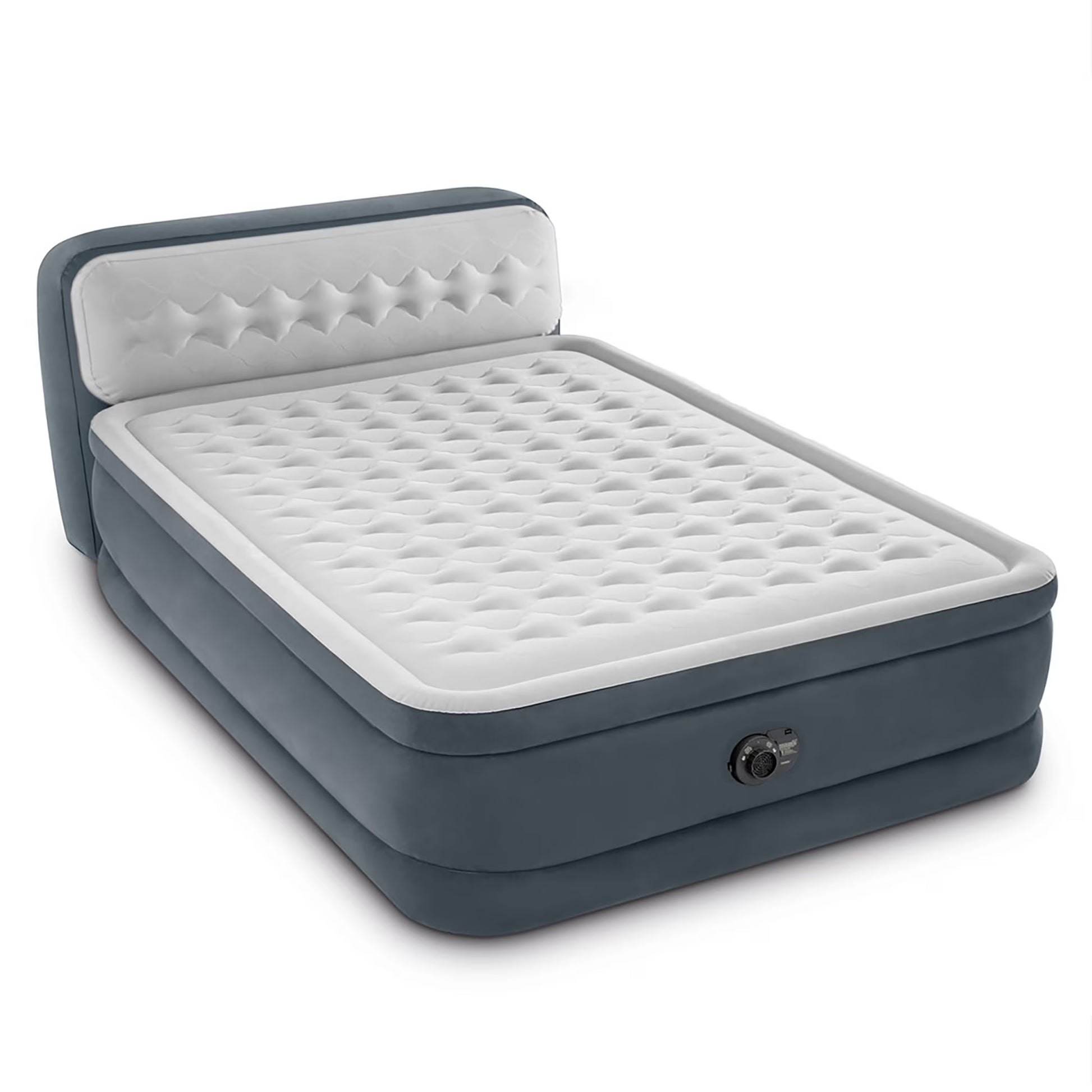 Dura-Beam Deluxe: Ultra Plush Headboard Airbed Queen Gray, 18" Inflatable Mattress, Built-In Pump, Fiber-Tech, Carry Bag, 600lb Cap 64447ED(Queen)