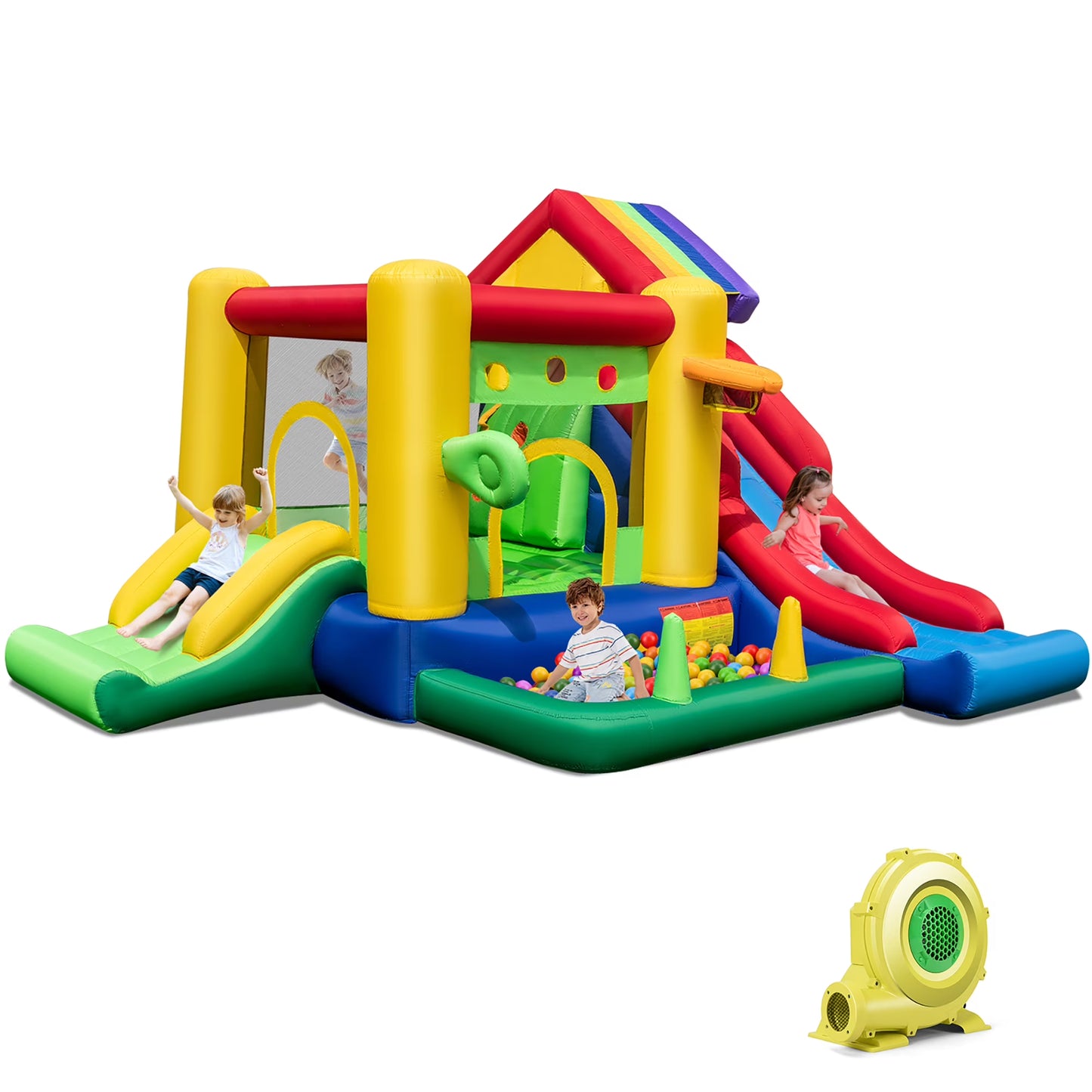Colorful Rainbow Kids Inflatable Bounce Castle with 50 Ocean Balls 735W Blower