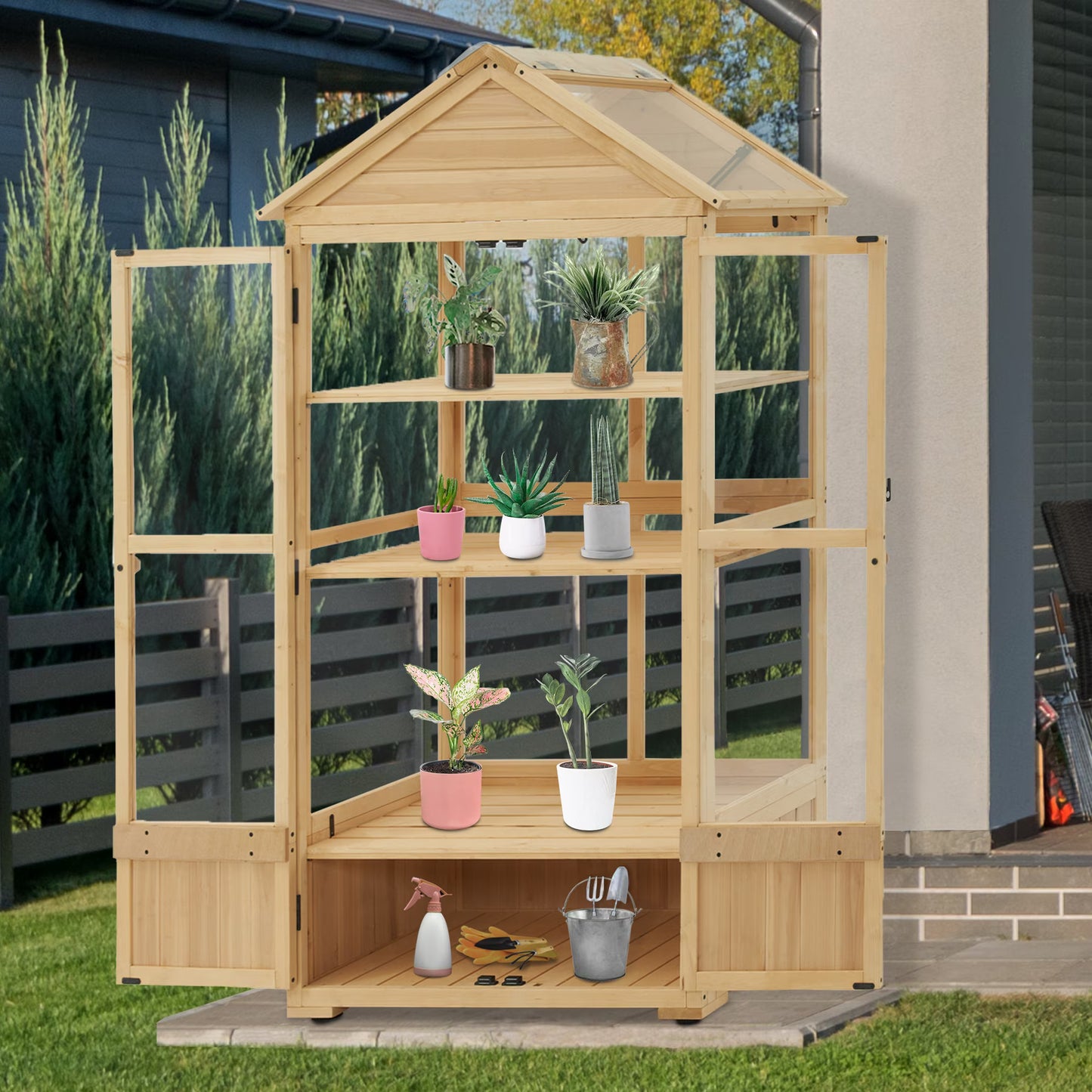 Cold Frame Greenhouse, 3 tier Wooden Greenhouse Cabinet with Adjustable Shelf, Garden Cold Frame Shed for Outdoor Indoor Use, 0847(Natural)