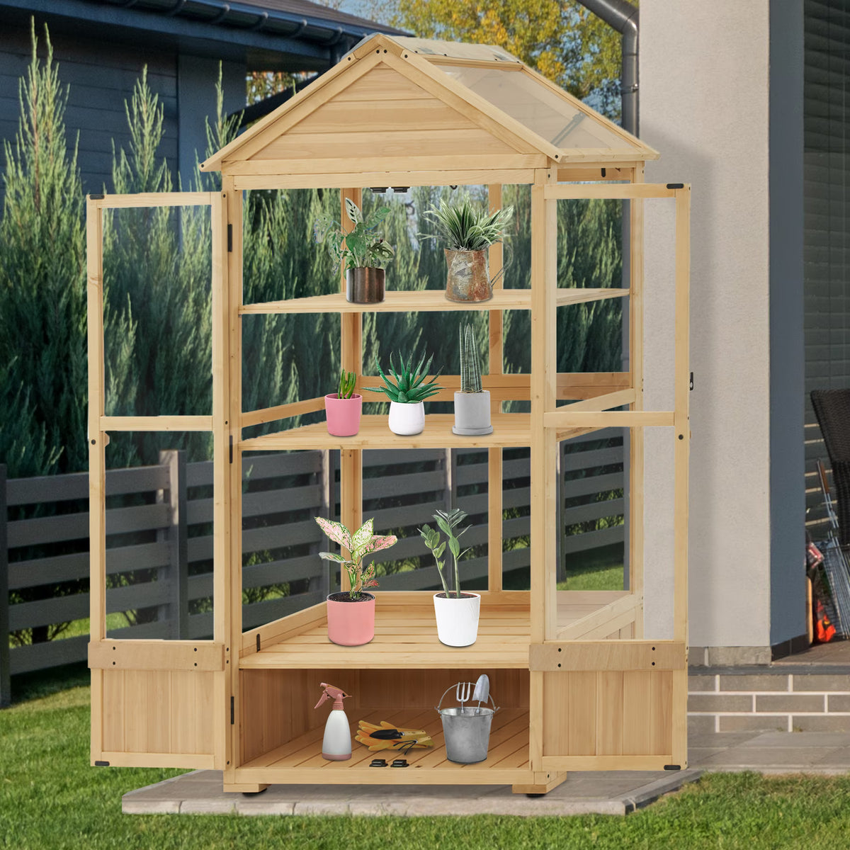 Cold Frame Greenhouse, 3 tier Wooden Greenhouse Cabinet with Adjustable Shelf, Garden Cold Frame Shed for Outdoor Indoor Use, 0847(Natural)