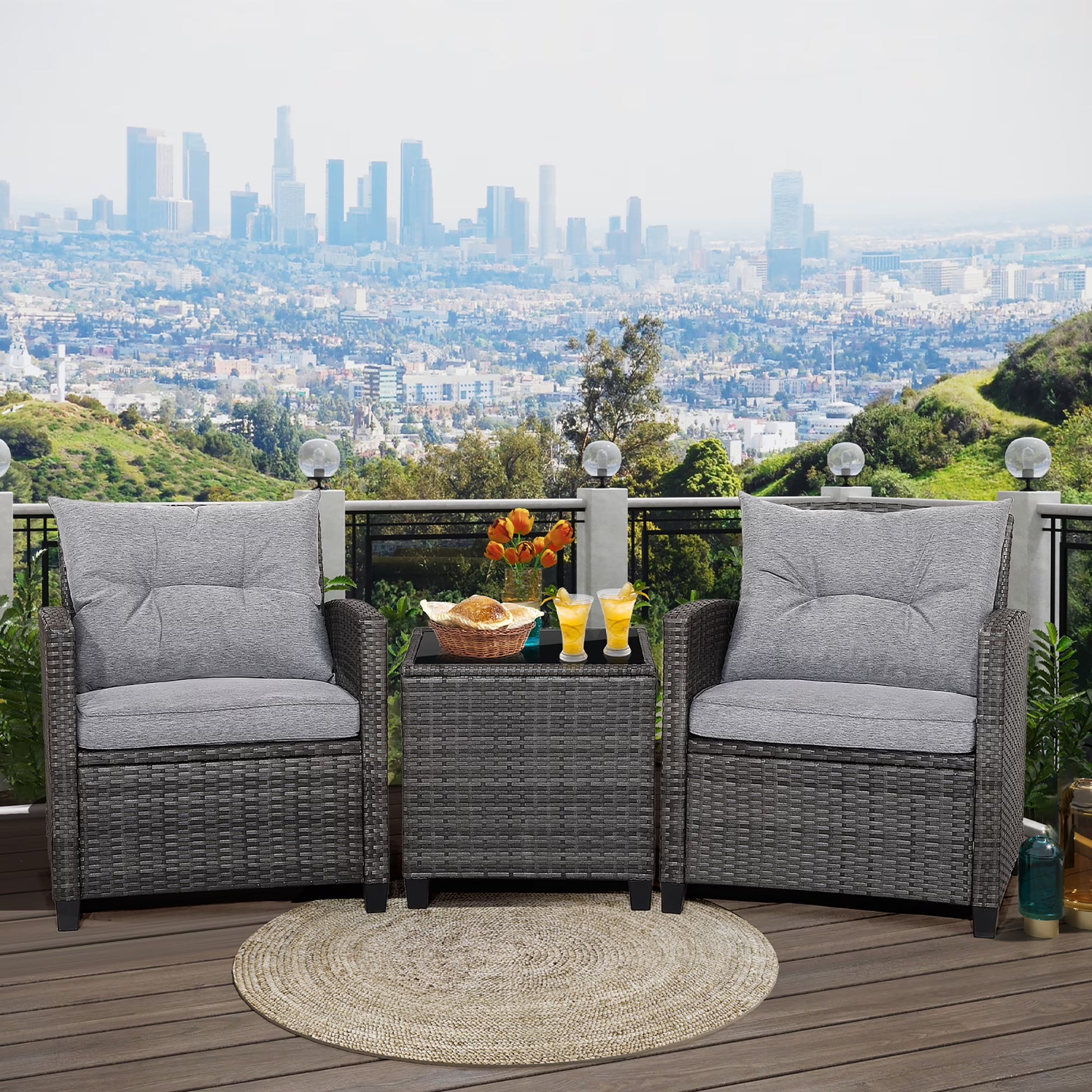 3PCS Patio Rattan Sofa Set Outdoor Wicker Conversation Set Glass Tabletop w/ Grey Cushion
