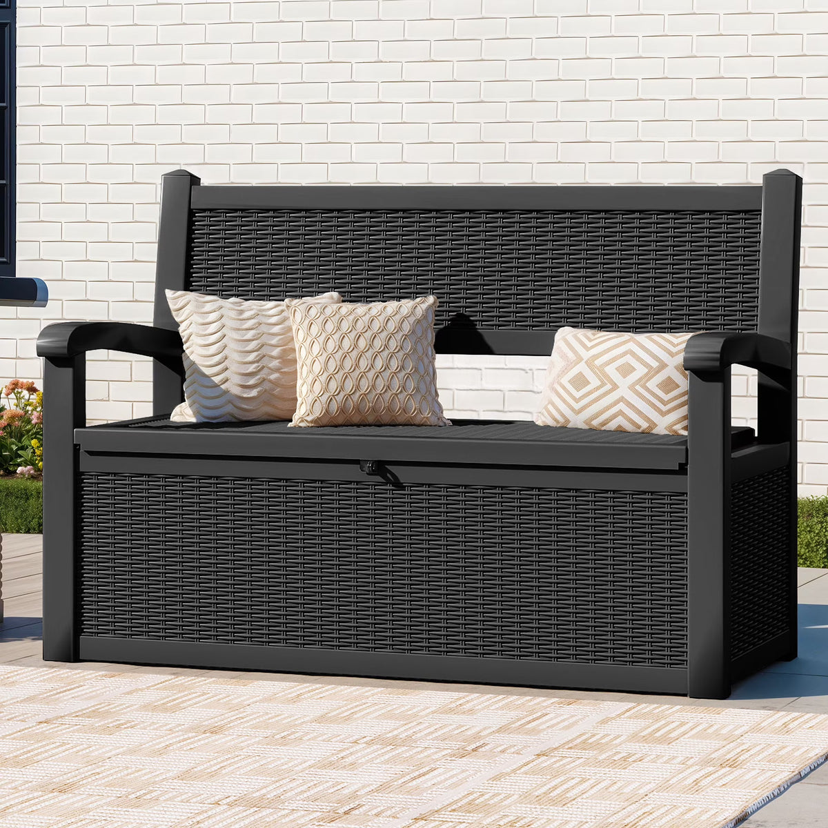 70-Gallon Outdoor Resin Storage Cabinet with Rattan Backrest �C Waterproof Patio Bench Seat, 500 lbs Capacity, Black