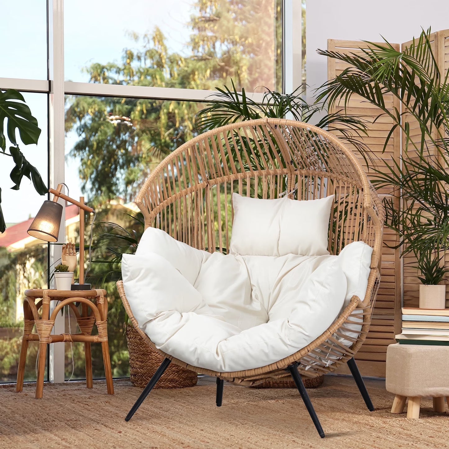 Egg Chairs Outdoor Patio Wicker Oversized Egg Shell Lounger Lawn Chair with Cushion for Indoor Outside Porch Balcony Backyard, Original Wood Color Rattan Beige Cushion(Wooden Color Rattan Beige Cushion/No-Rocking)