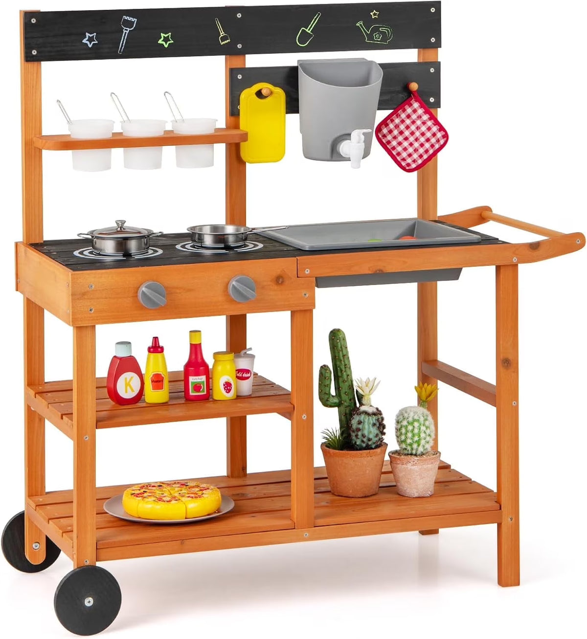 Mud Kitchen, Outdoor Play Kitchen with Wheels 3 Cups Removable Sink Cooking Accessories Wooden Kids Kitchen Playset Backyard Garden Toys Gift for Boys Girls Ages 3+(Outdoor/with Wheels)