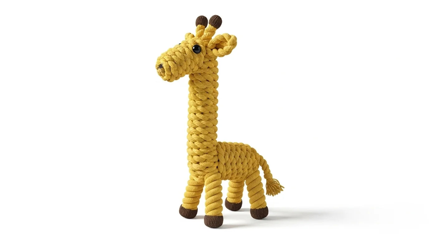 A charming yellow crocheted giraffe toy with brown accents on a white background.