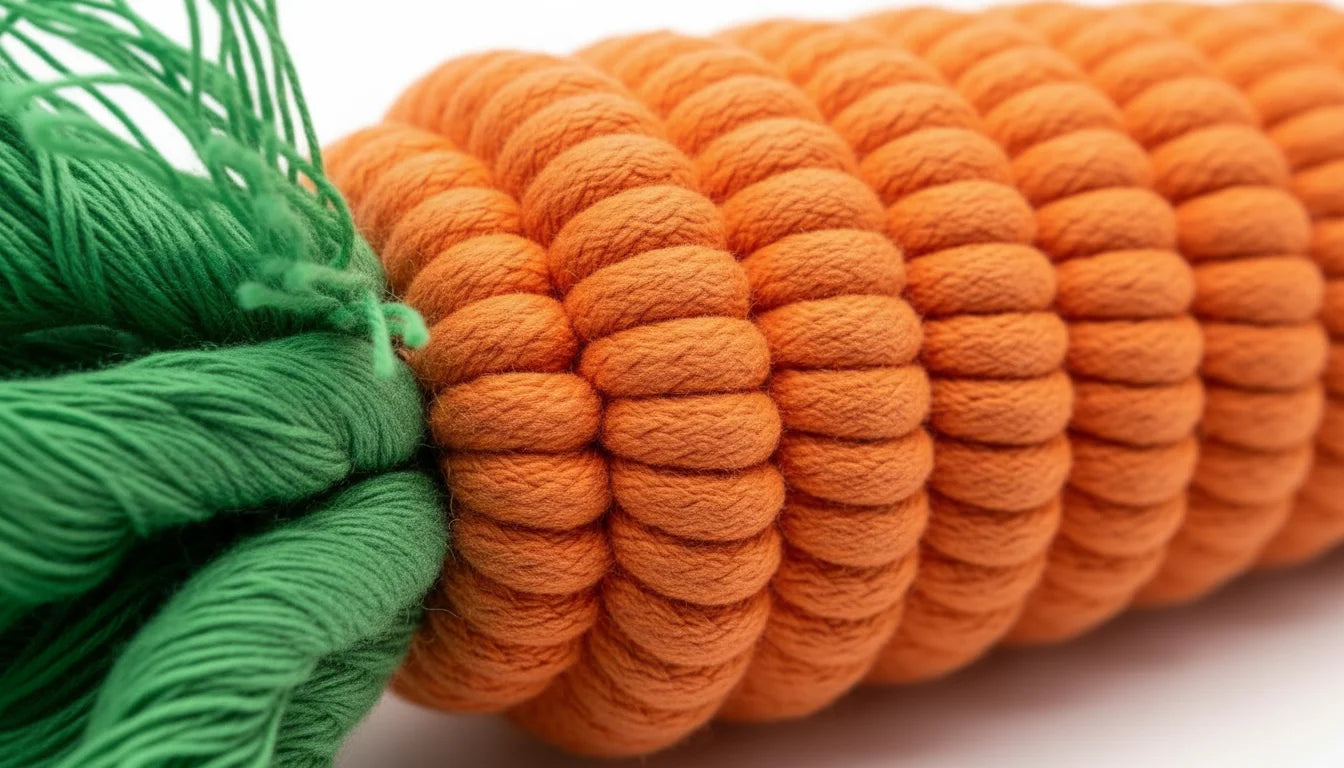 A close-up view of a vibrant orange yarn pom-pom corn decoration next to green yarn skeins on