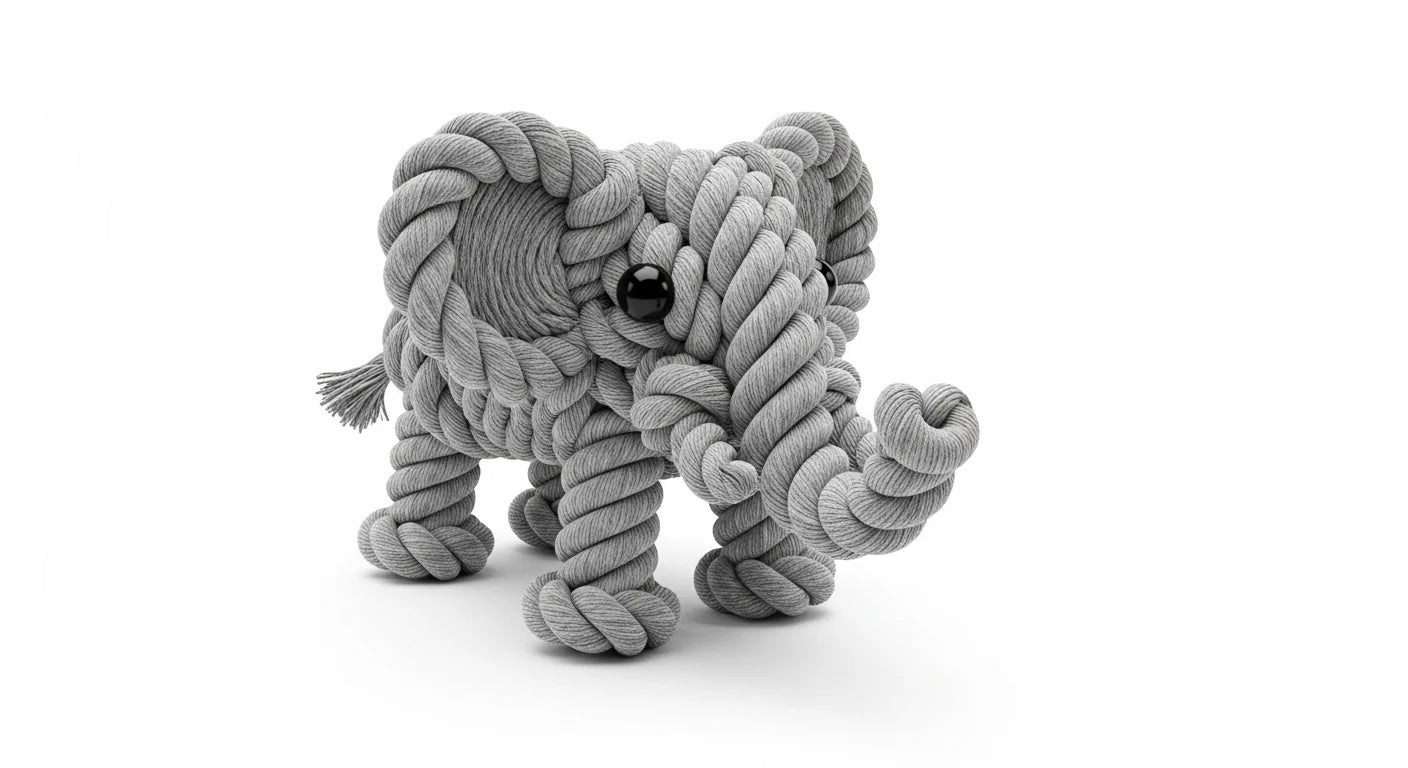 A gray rope toy elephant with black eyes and a tassel tail on a white background.