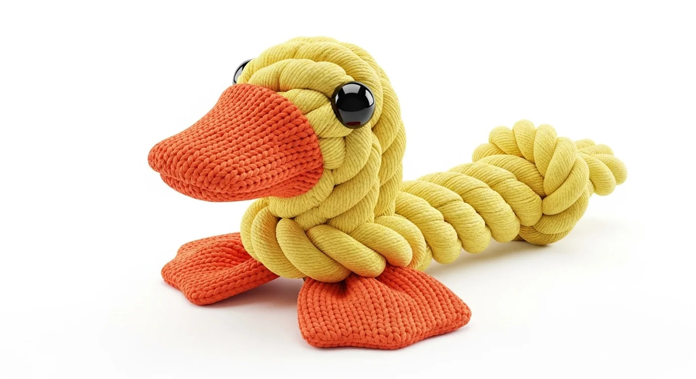 A knitted yellow and orange plush toy duck with black eyes on a white background.