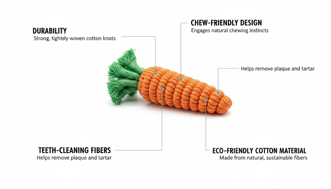 Cotton rope carrot dog chew toy with green top and eco friendly features