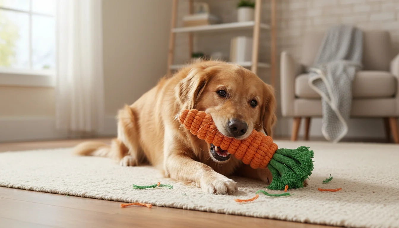 Golden retriever dog lying on a rug chewing an orange carrot shaped dog toy
