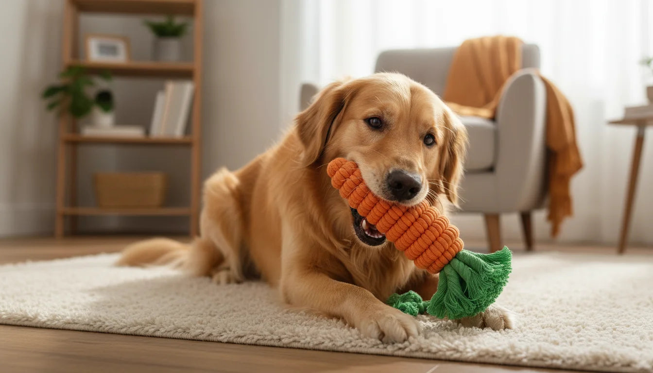 Golden retriever dog lying on a rug holding a carrot shaped toy in mouth indoors