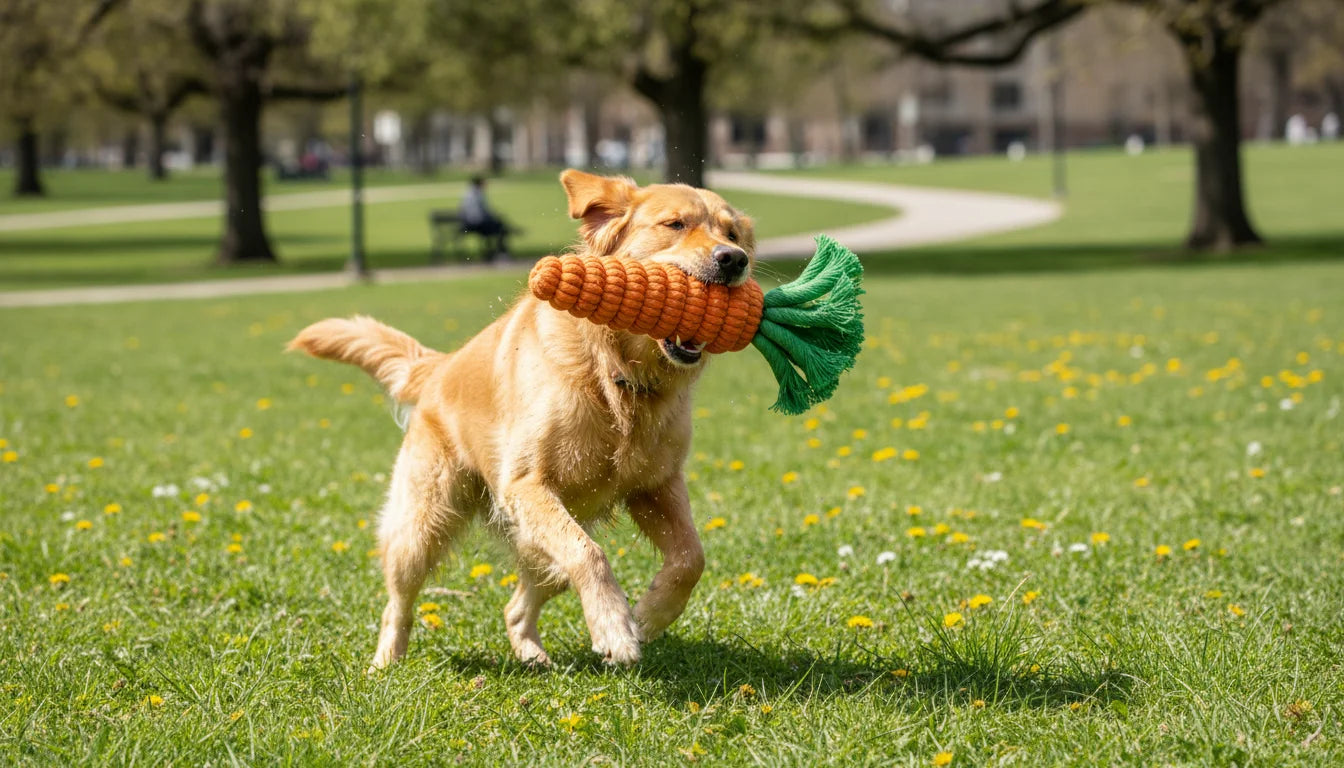 Golden retriever dog runs with orange and green rope toy in mouth on grass field