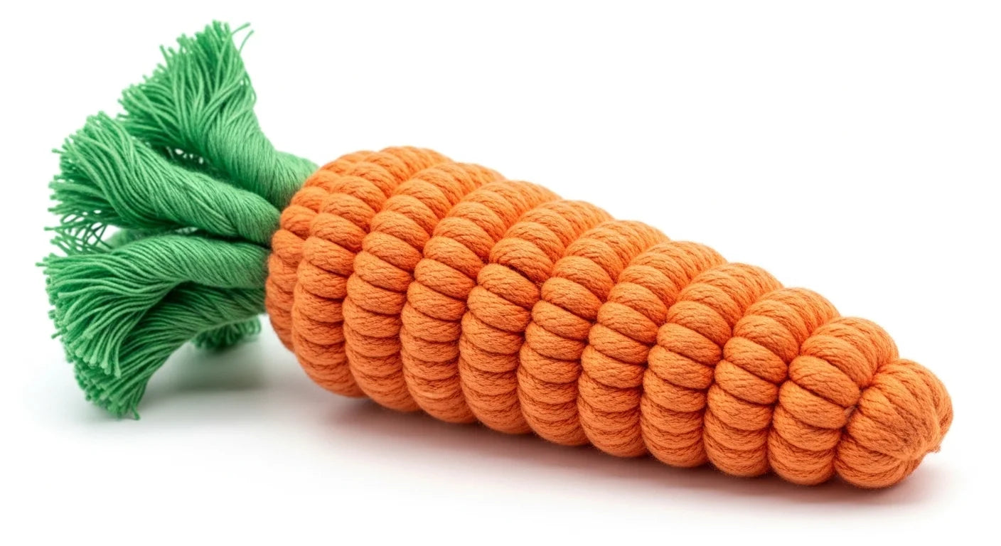Vibrant orange rope carrot toy with green tassel top on white background for pets.