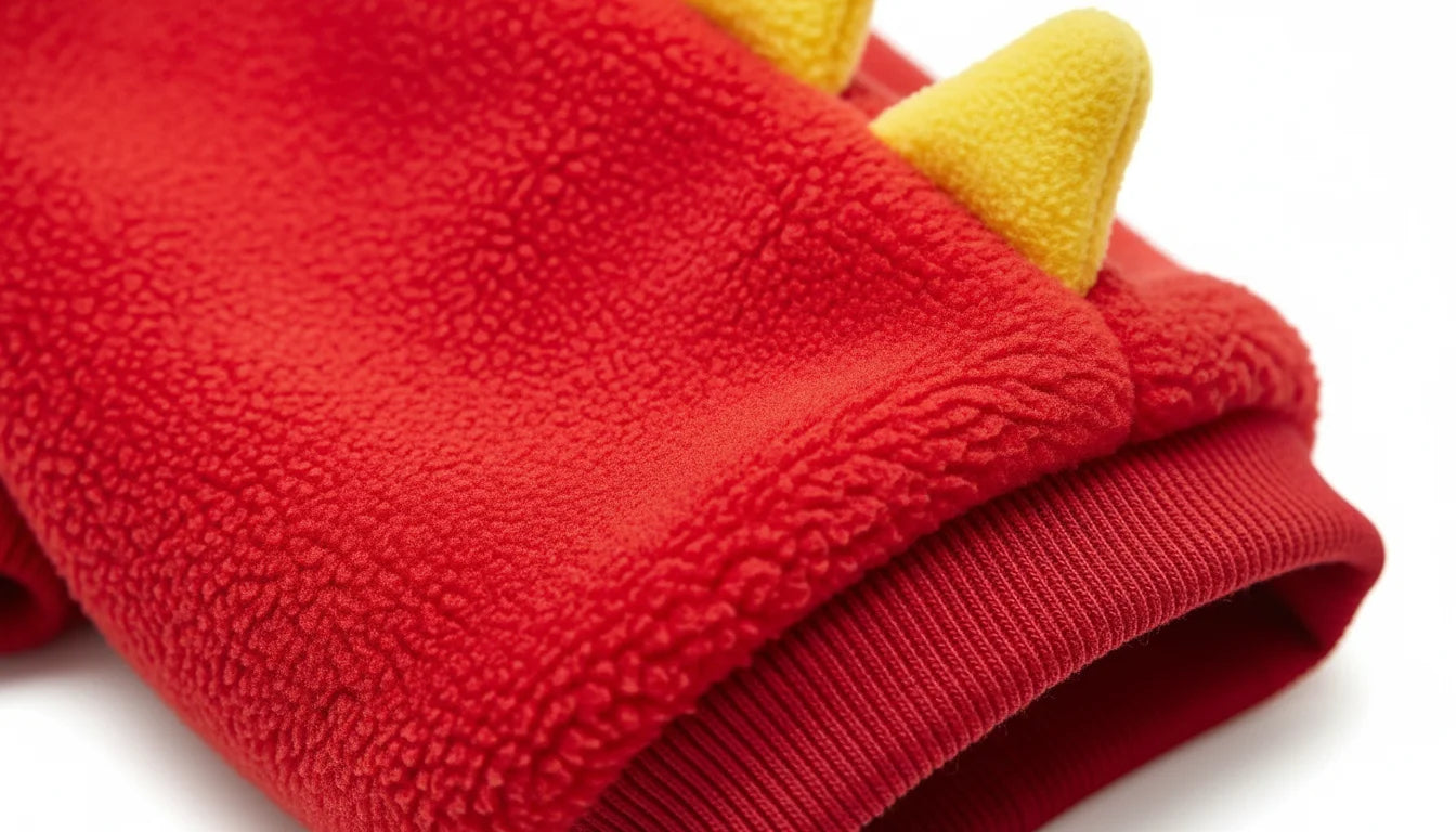 A folded red fleece blanket with yellow spikes on a white background closeup view