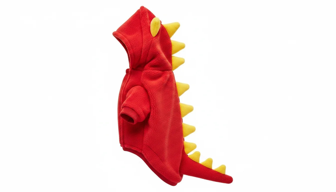 A red dinosaur costume with yellow spikes on a white background for a pet