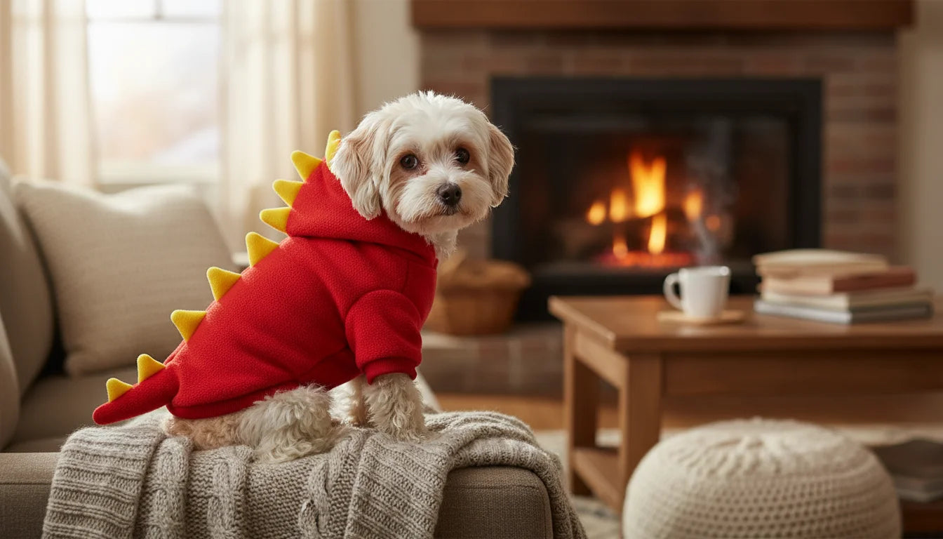 A small white dog wearing a red dinosaur costume sits on a beige couch arm with a blanket, near