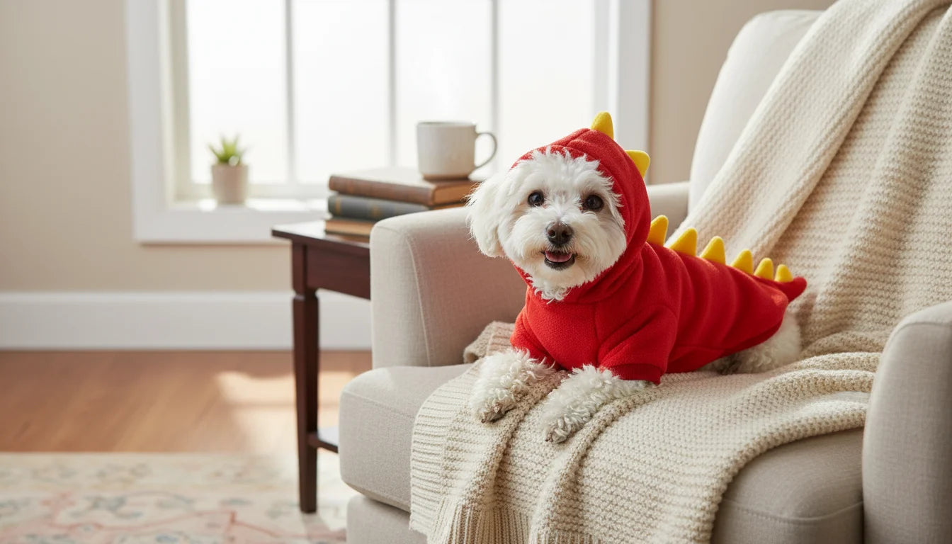 A small white dog wearing a red dinosaur costume sits on a beige sofa with a throw blanket