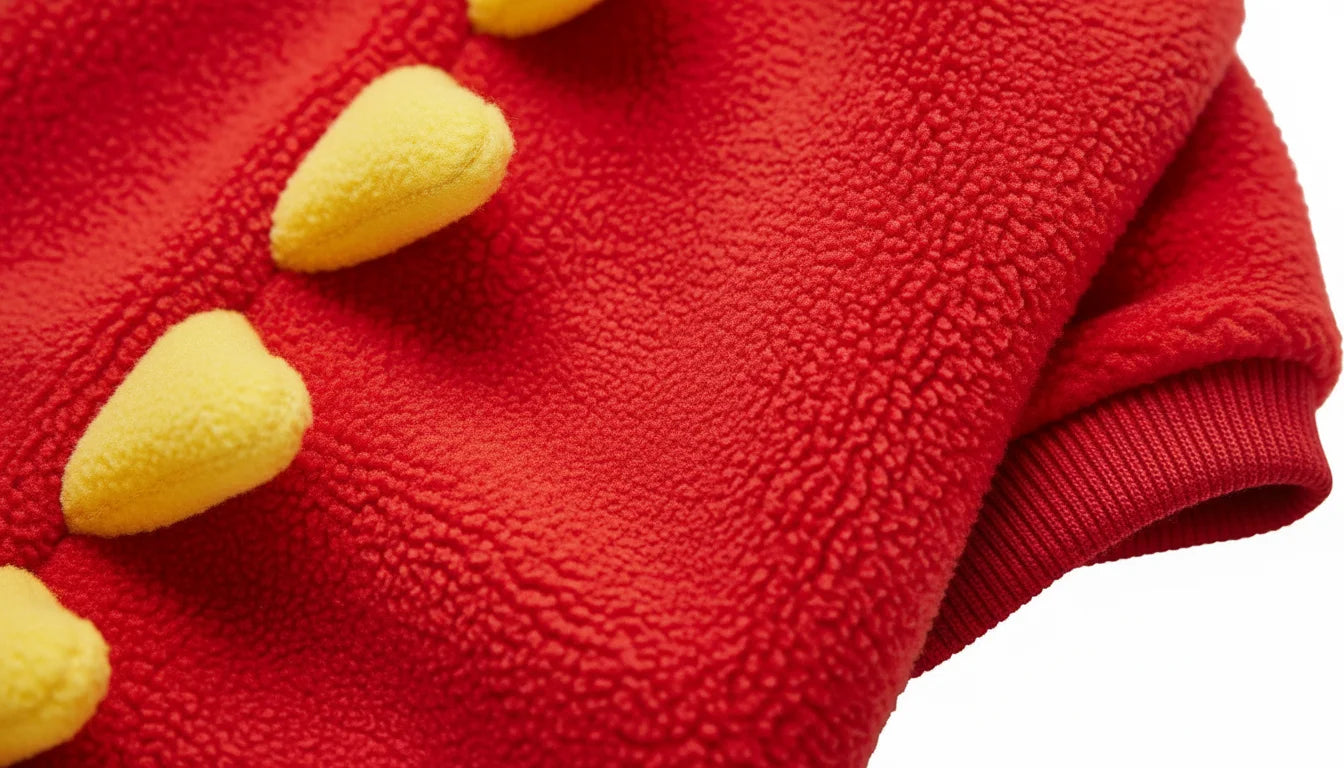 Close-up of a red fleece fabric with yellow spikes on a white background texture