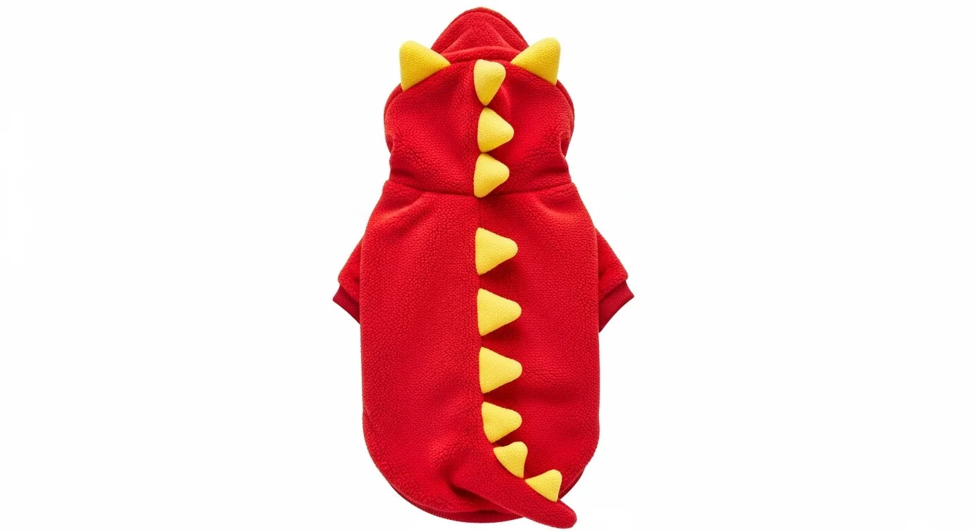 Red dinosaur costume with yellow spikes on a white background for pets or toys.