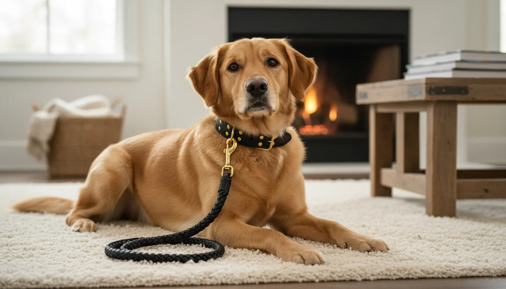 A brown dog lies on a white rug in front of a lit fireplace in a cozy living room