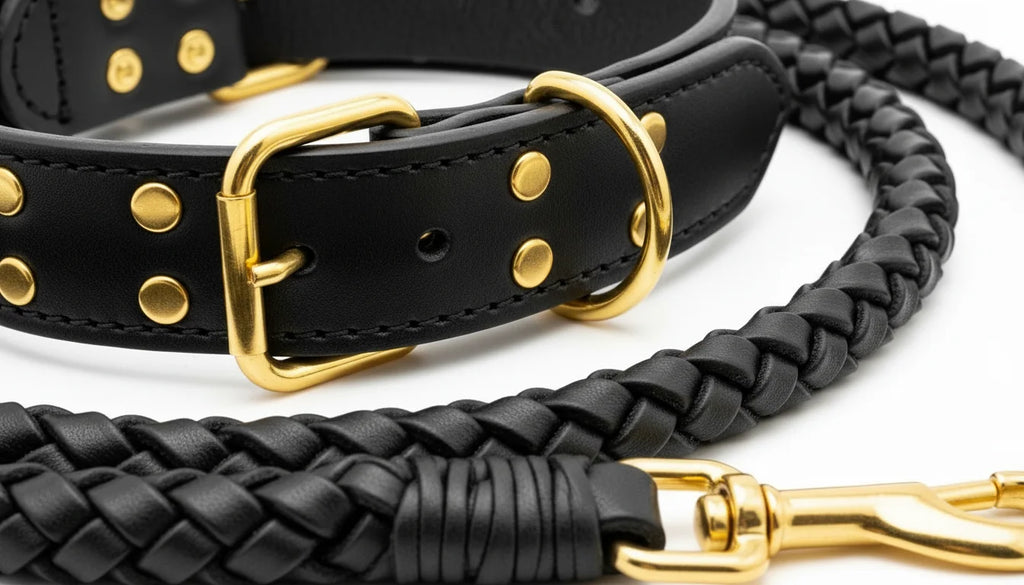 Black leather dog collar and leash set with gold buckle and hardware close-up
