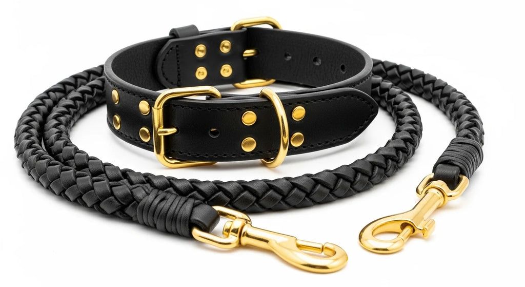 Black leather dog collar and leash set with gold hardware and braided design.