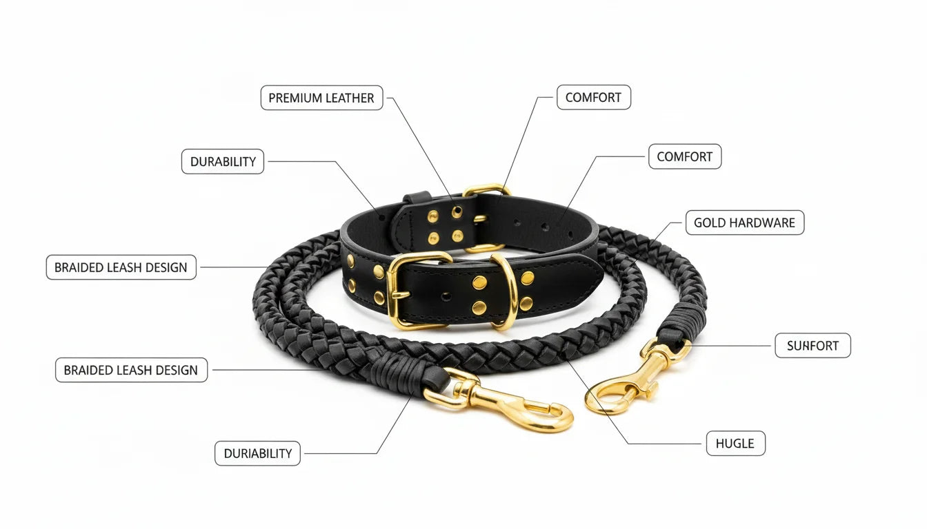 Black leather dog collar and leash set with gold hardware and braided design elements