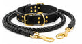 Black leather dog collar and leash set with gold hardware and braided design.