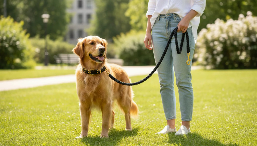 Woman in white shirt and jeans standing with golden retriever on black leash in park